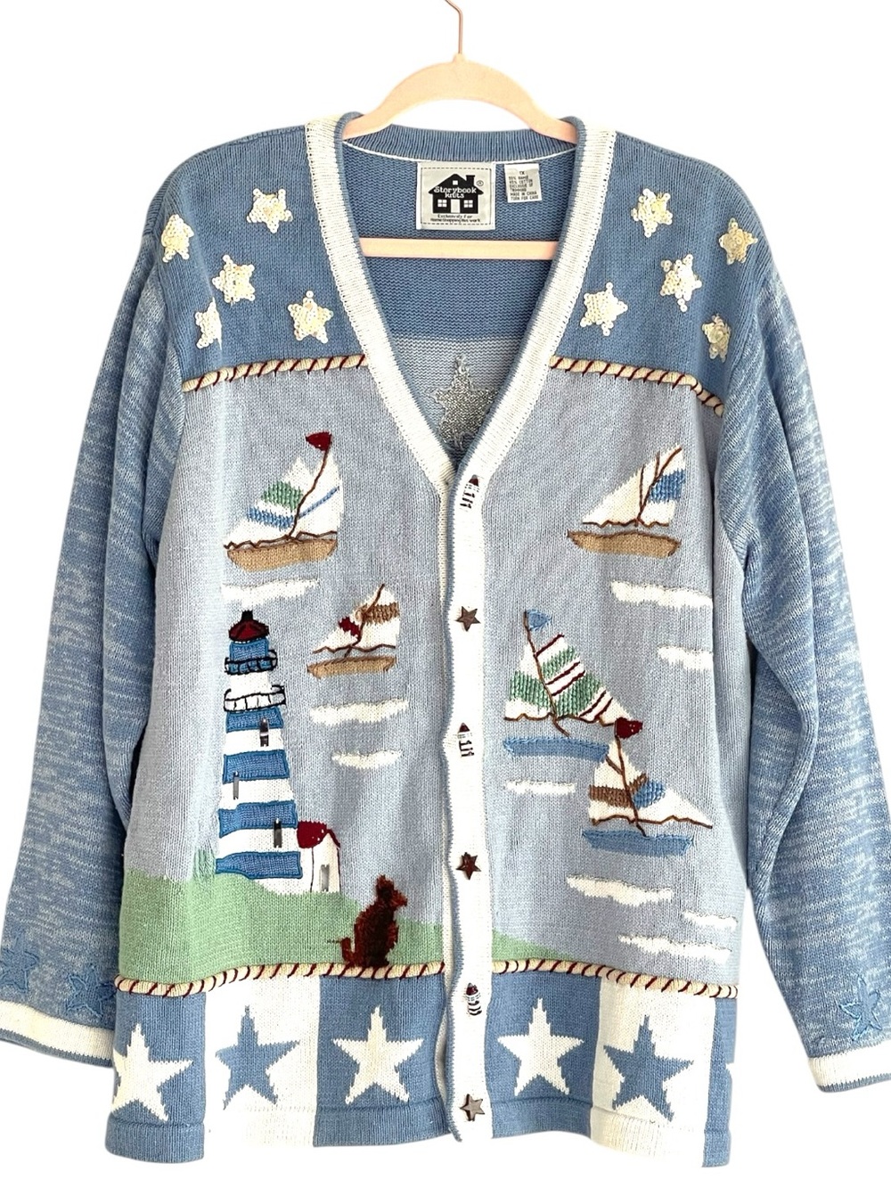 Vintage Storybook Knits 1X Nautical Lighthouse Sailboat Cardigan Sweater